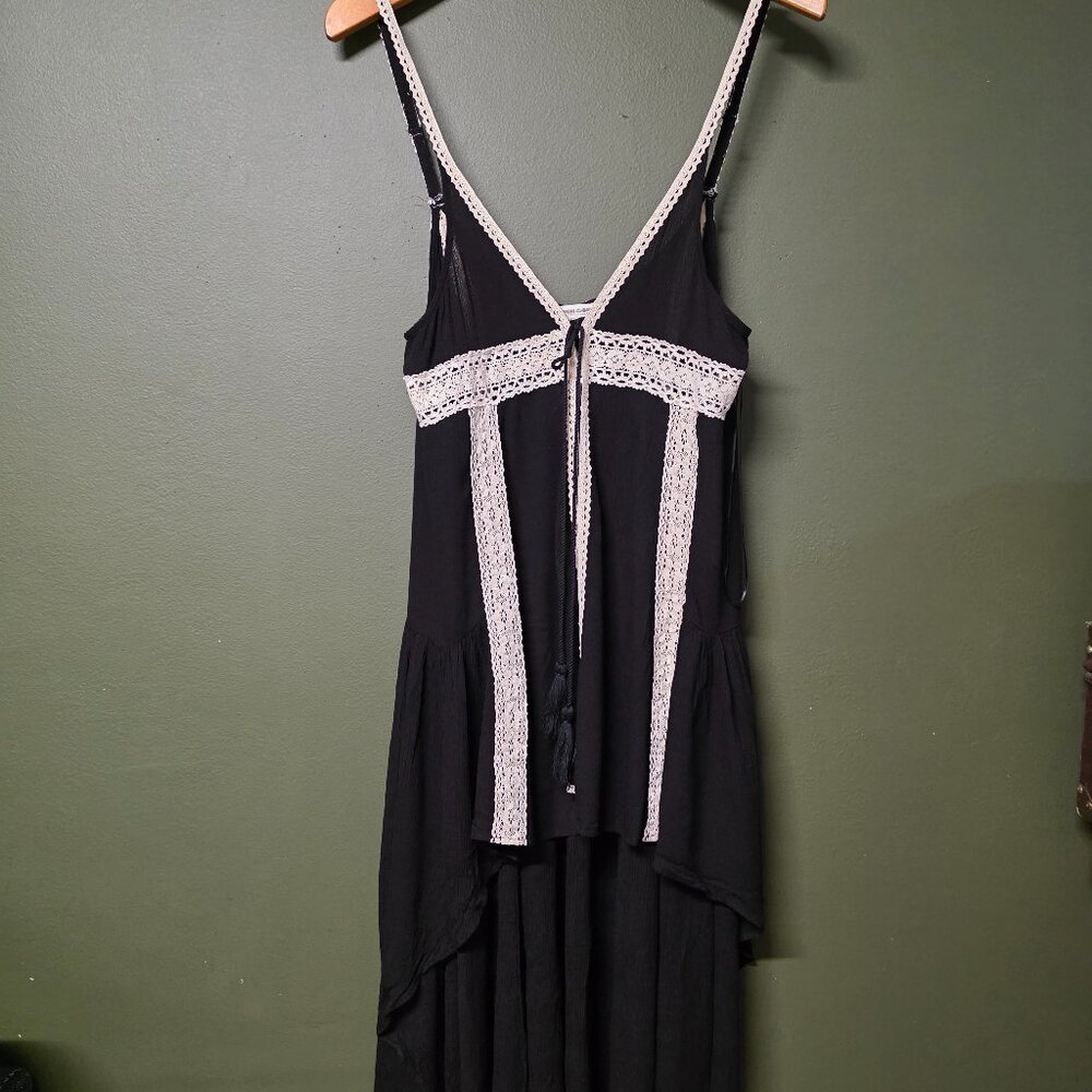 Cotton Candy Women's Black Boho Midi Dress – Crochet Trim & Flowy Layers